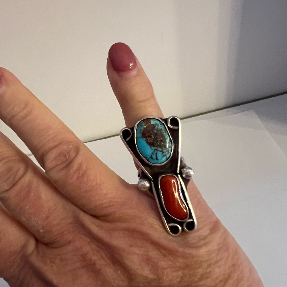 Mexican etch stamped RTC sterling ring with multi color tourquise stones